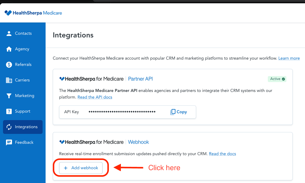 The Add webhook button on HealthSherpa's Integrations tab