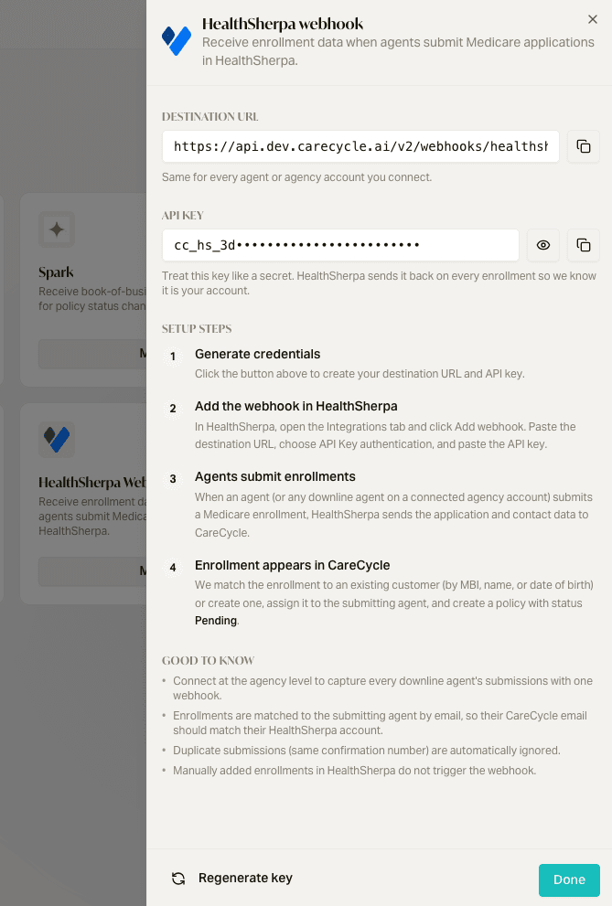 Generating the Destination URL and API key in careCycle's HealthSherpa Webhook settings
