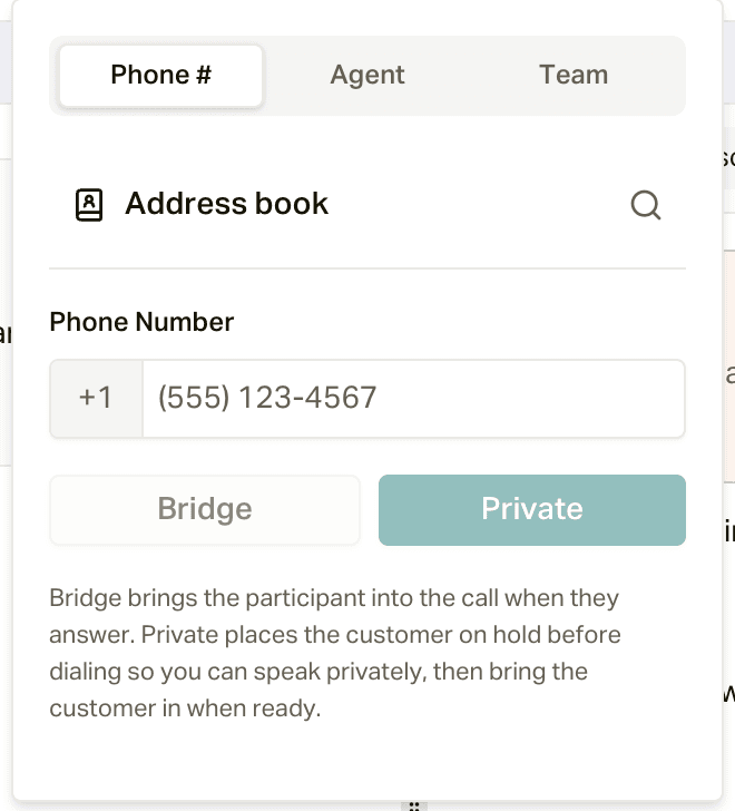 Add someone to this call, with Phone #, Agent, and Team tabs and the Bridge or Private choice