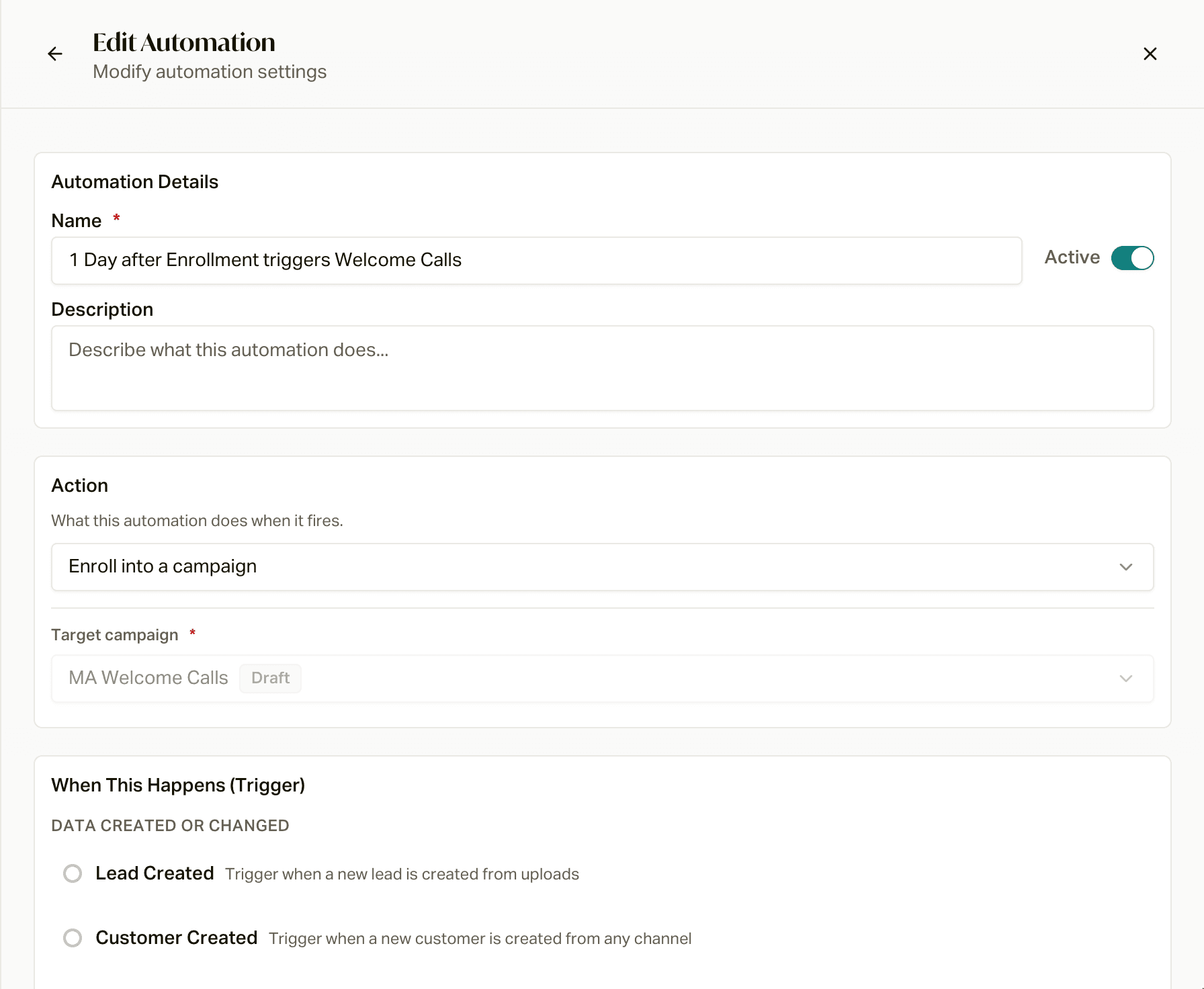The Create Automation form with the Active switch, action, and trigger list