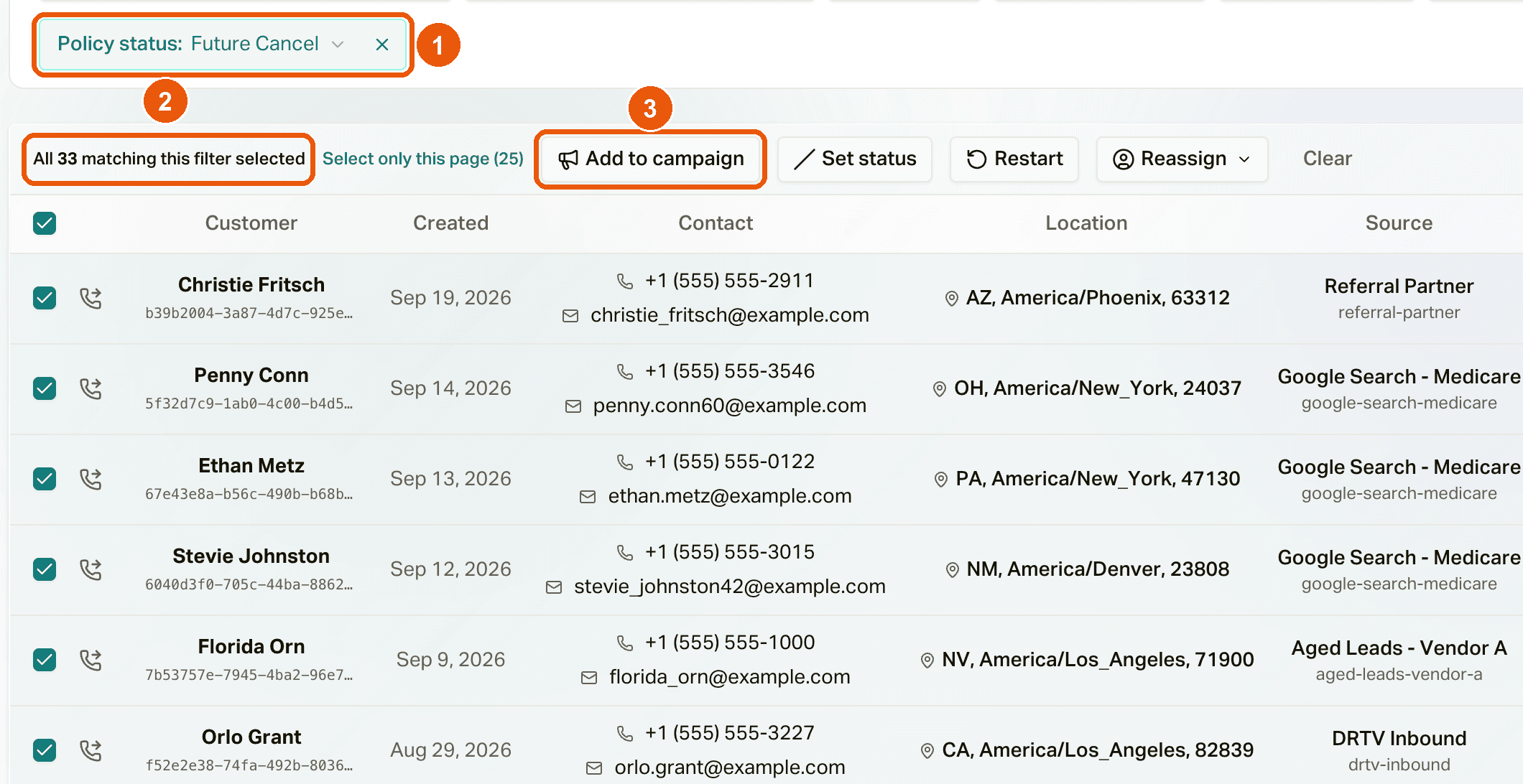 Customers filtered to Future Cancel with the page selected and the Select all matching link