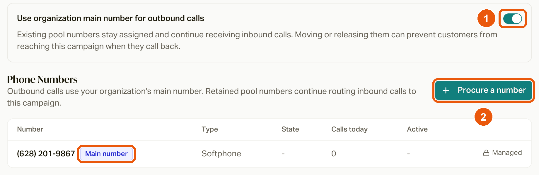 A campaign's Phone Numbers tab: (1) the main number switch, (2) Procure a number