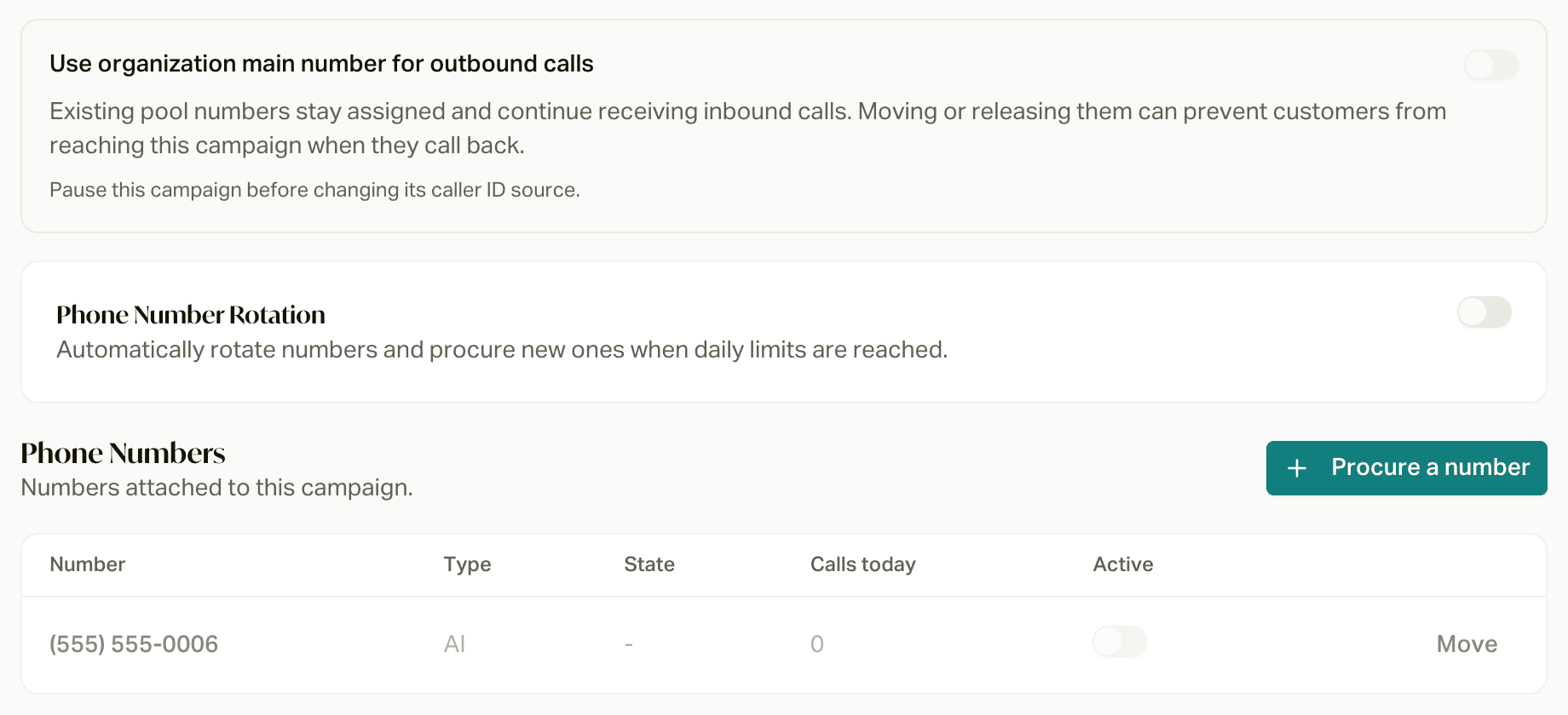 With the switch off, the campaign's own numbers and Phone Number Rotation show up