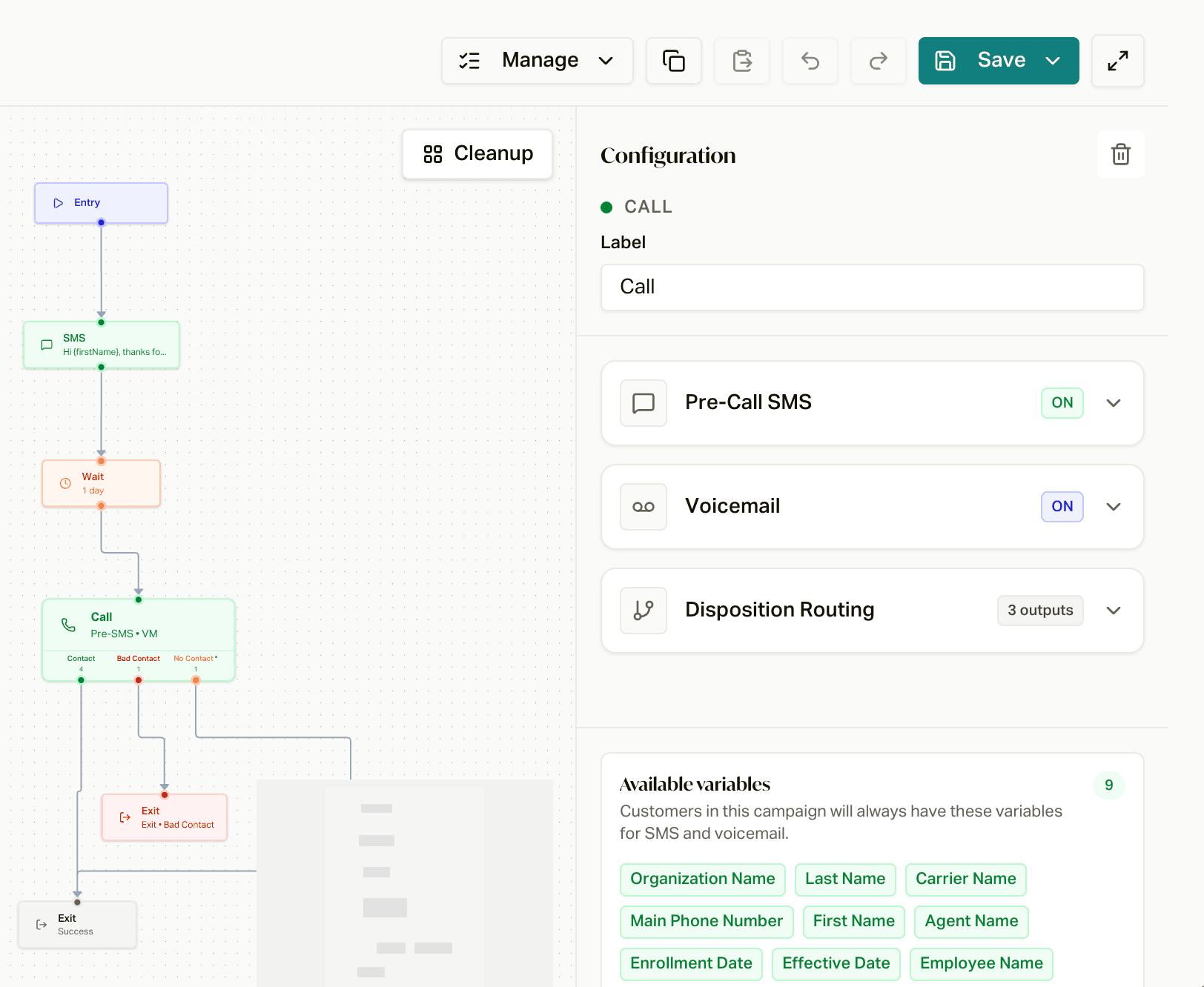 A Call node's settings in the Pulse editor: Pre-Call SMS, Voicemail, and Disposition Routing