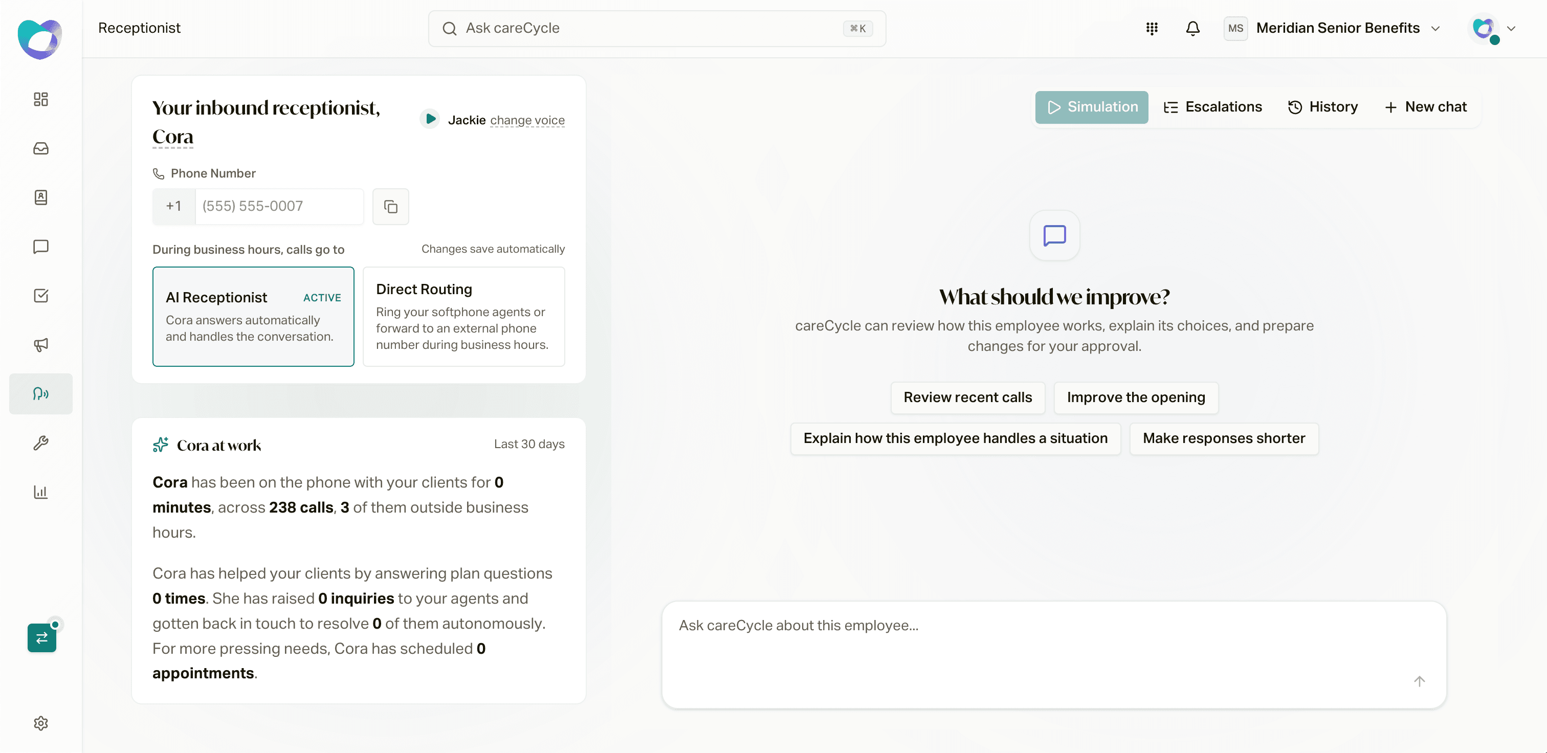 The Receptionist page: name, voice, phone number, and where business-hours calls go