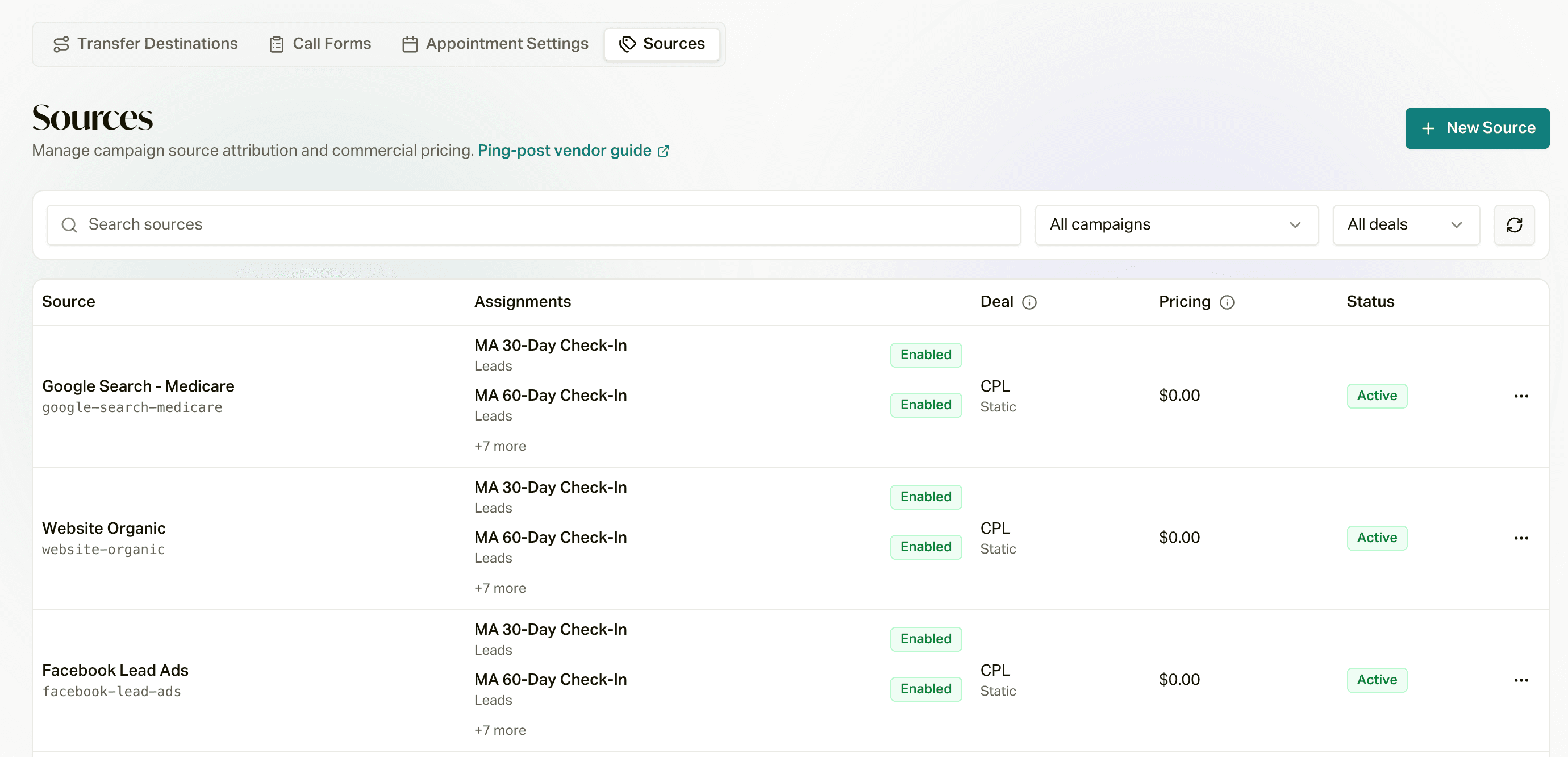 Configure > Sources, with each source's campaign assignments, deal, pricing, and status
