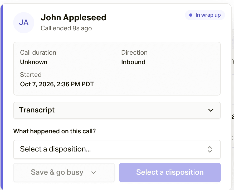The wrap-up card, In wrap up, with the disposition picker