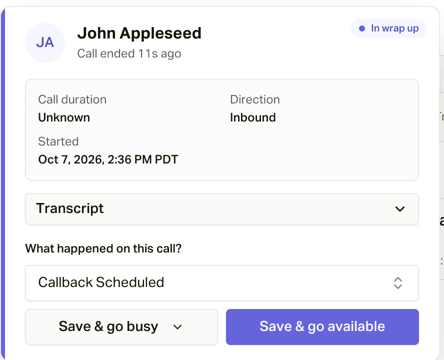 Callback Scheduled selected, with Save & go busy and Save & go available