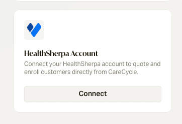 The HealthSherpa Account card in careCycle's integration settings