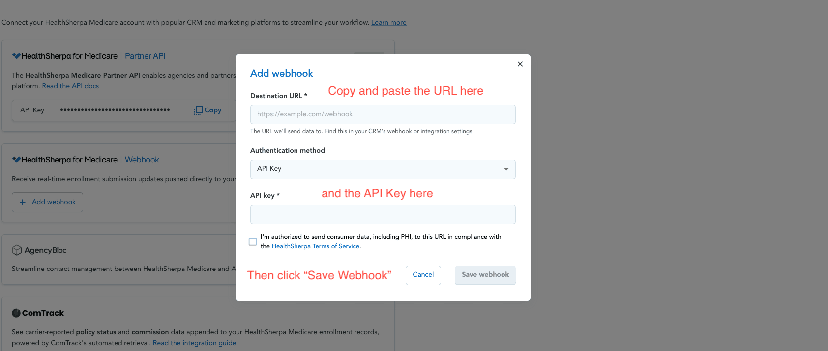 Pasting the Destination URL and API key into HealthSherpa's webhook modal