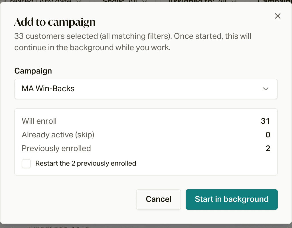 The Add to campaign preview showing who will be enrolled, who's skipped, and the restart checkbox