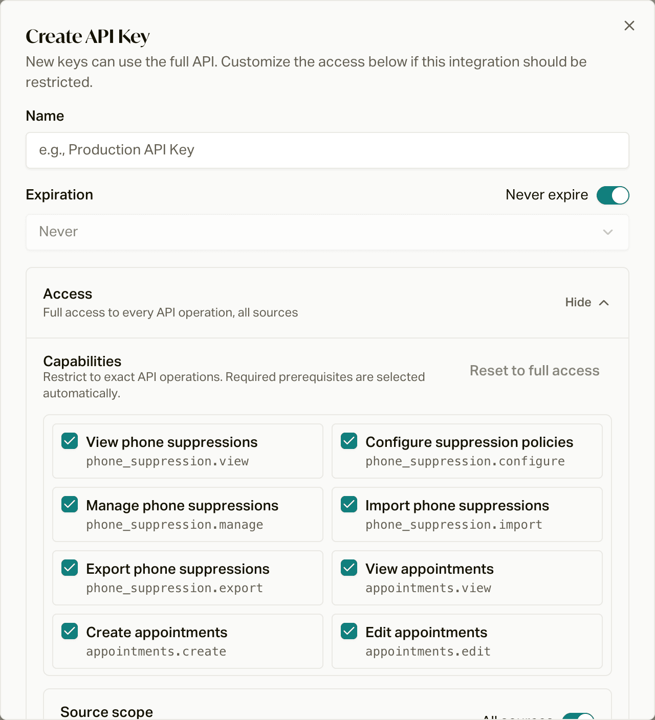 The Create API Key dialog with Access expanded to show capabilities