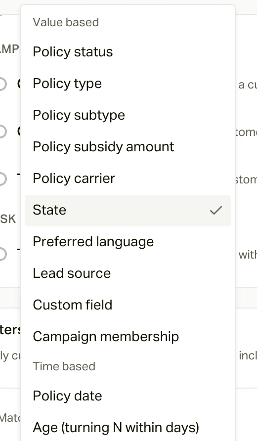 The filter field list in an automation
