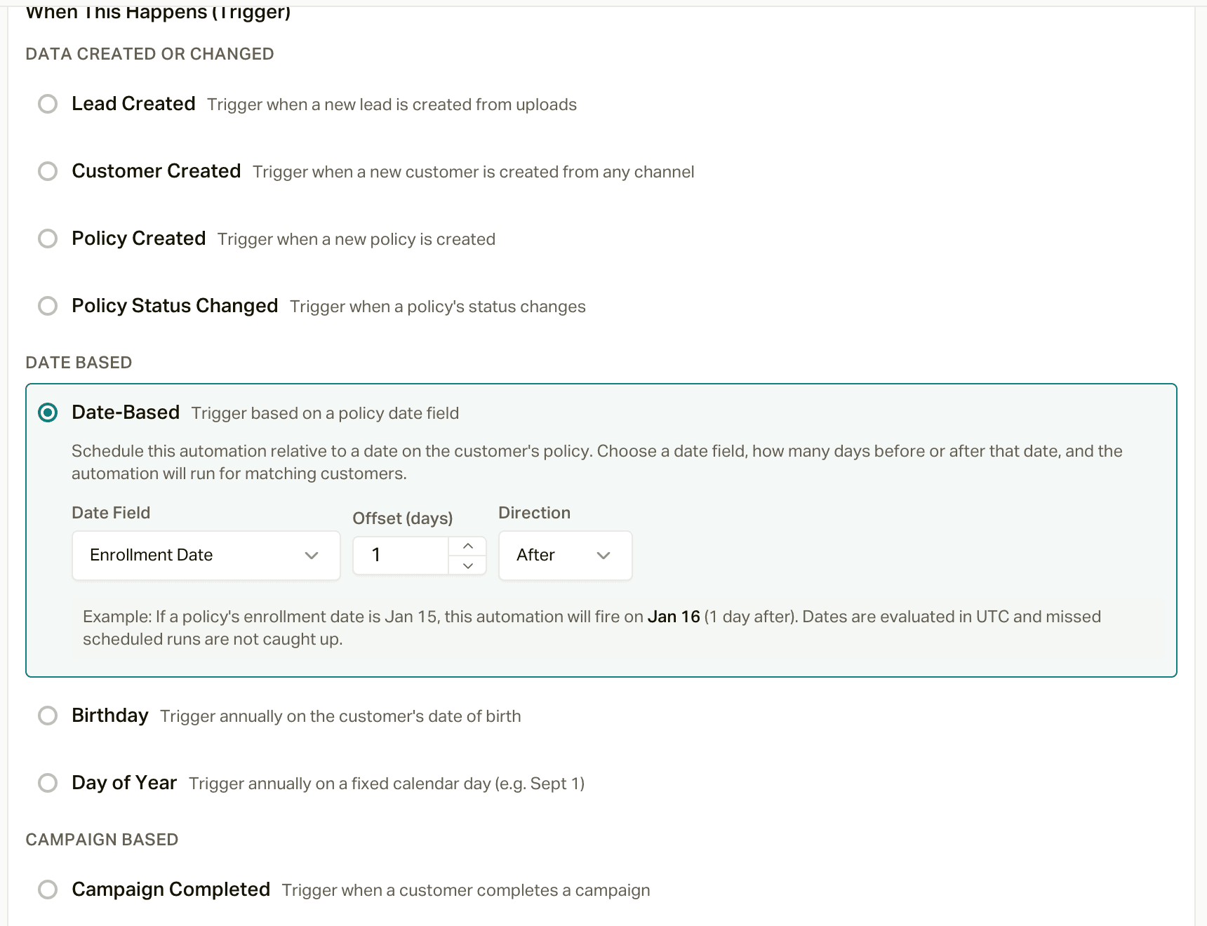 The automation trigger list, with Date-Based selected