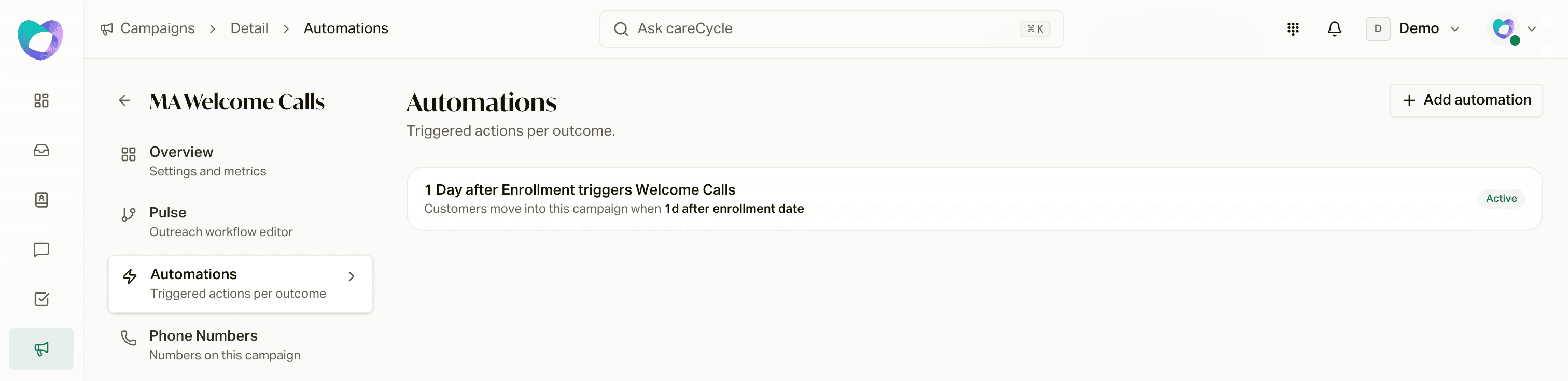 A campaign's Automations tab with its automation and Active switch