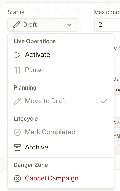 The campaign status menu with Activate, Pause, Mark Completed, Archive, and Cancel Campaign