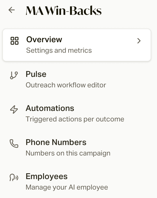 A campaign's tabs: Overview, Pulse, Automations, Phone Numbers, and Employees