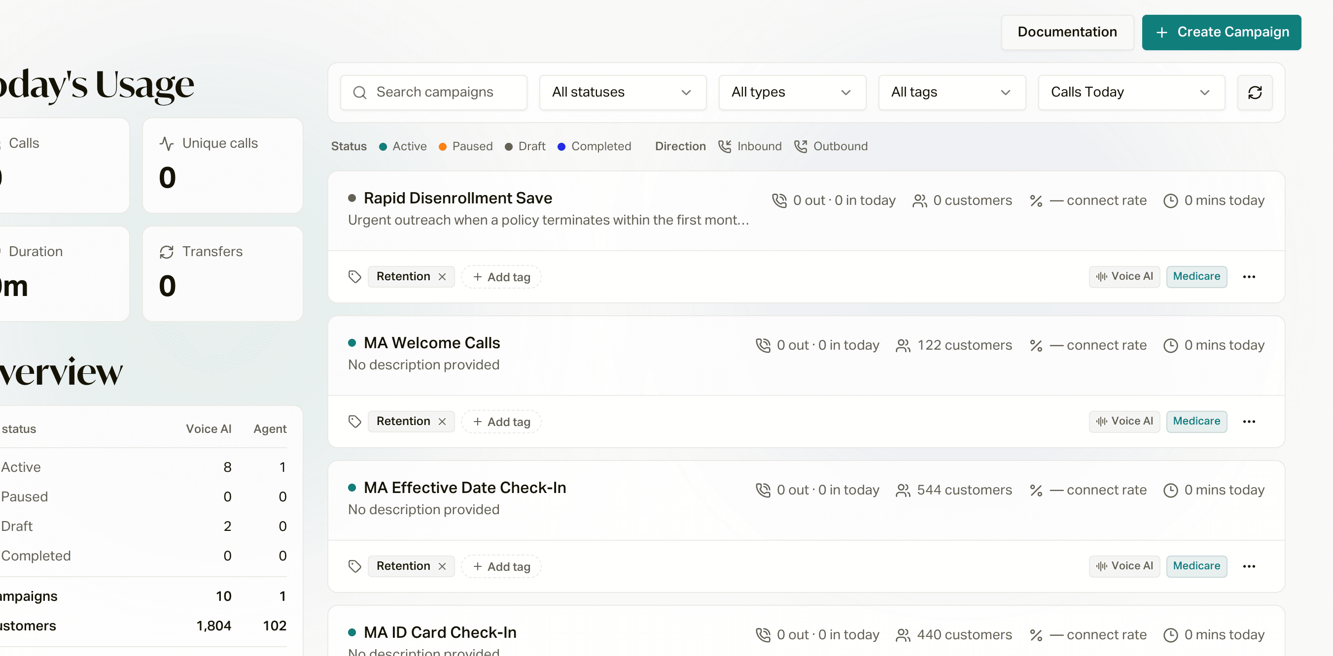 The Campaigns page with the Create Campaign button in the top right