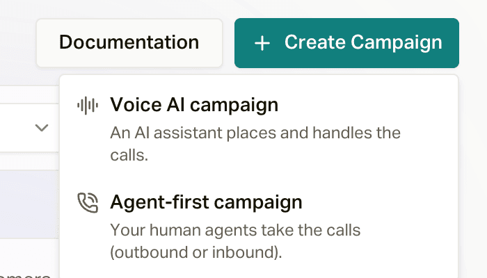 The Create Campaign menu with Voice AI campaign and Agent-first campaign