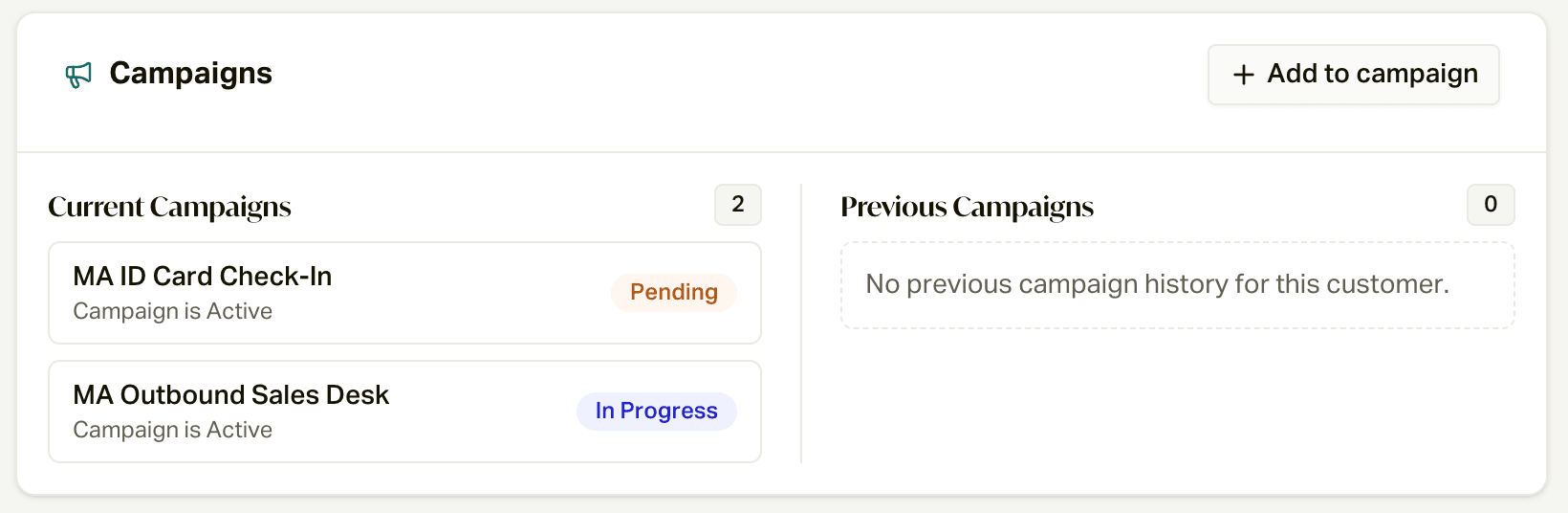 The Campaigns card on a customer's profile with the Add to campaign button