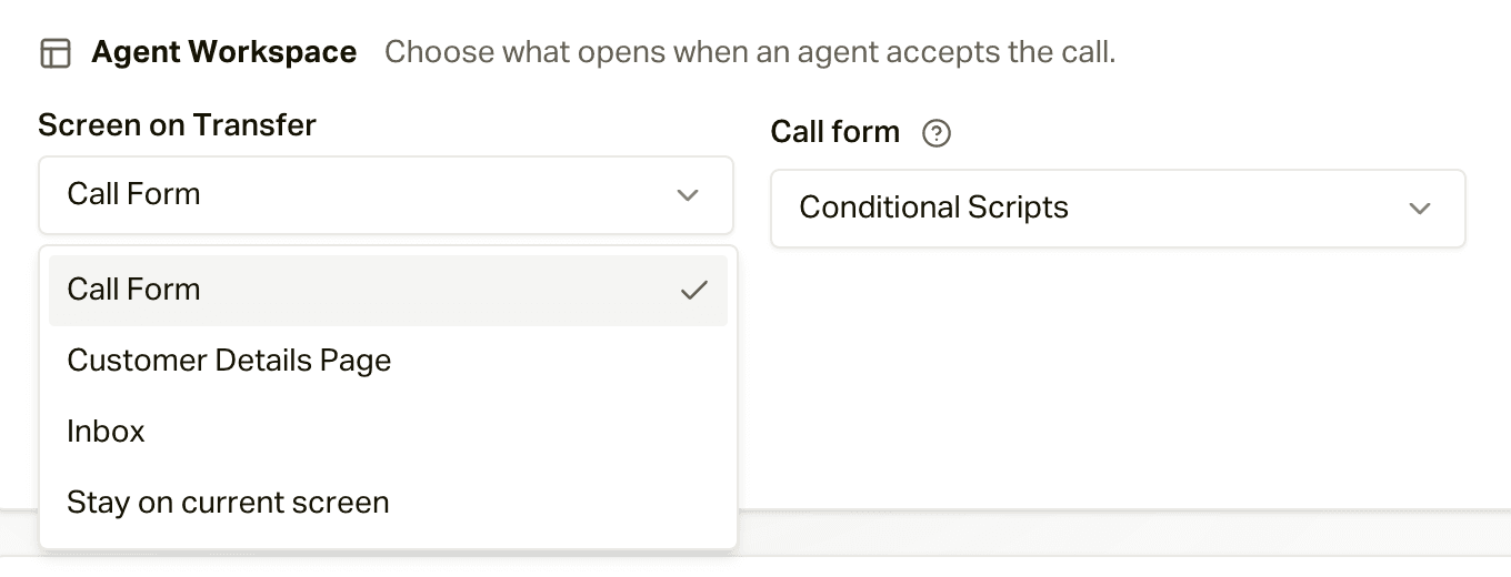 Screen on Transfer options: Call Form, Customer Details Page, Inbox, or Stay on current screen