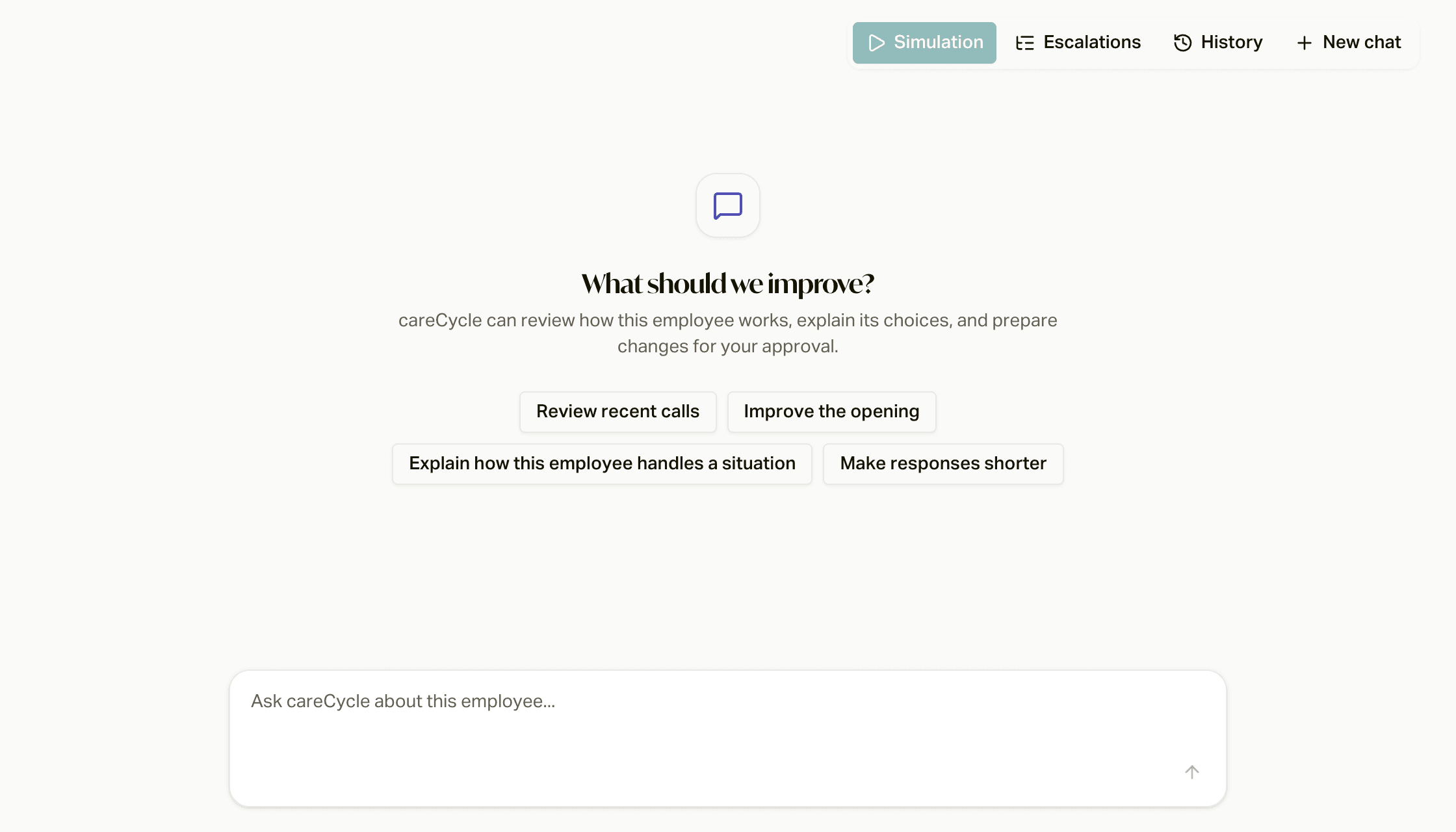 The Employees tab, where you chat with careCycle about your AI employee