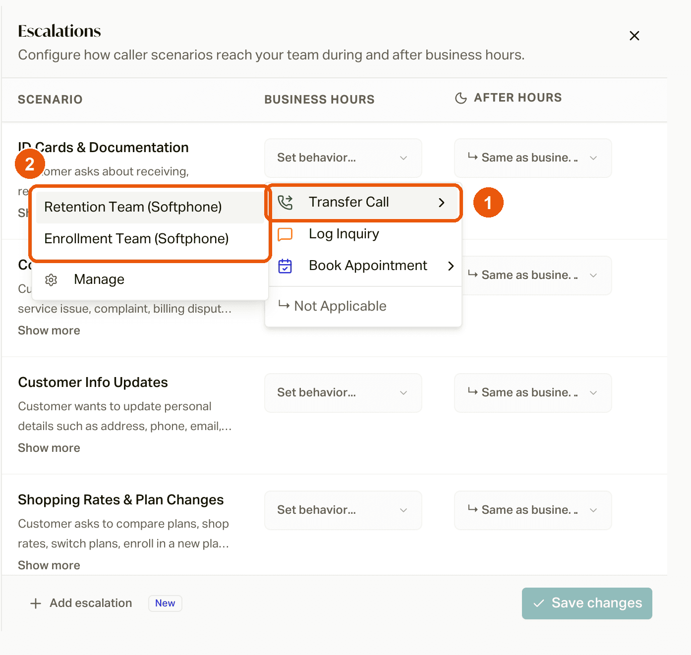 An escalation's Transfer Call menu listing transfer destinations and a Manage link