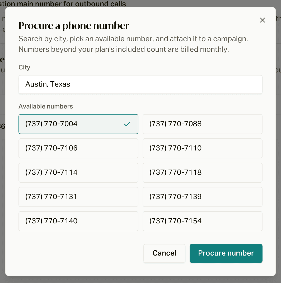 The Procure a phone number dialog