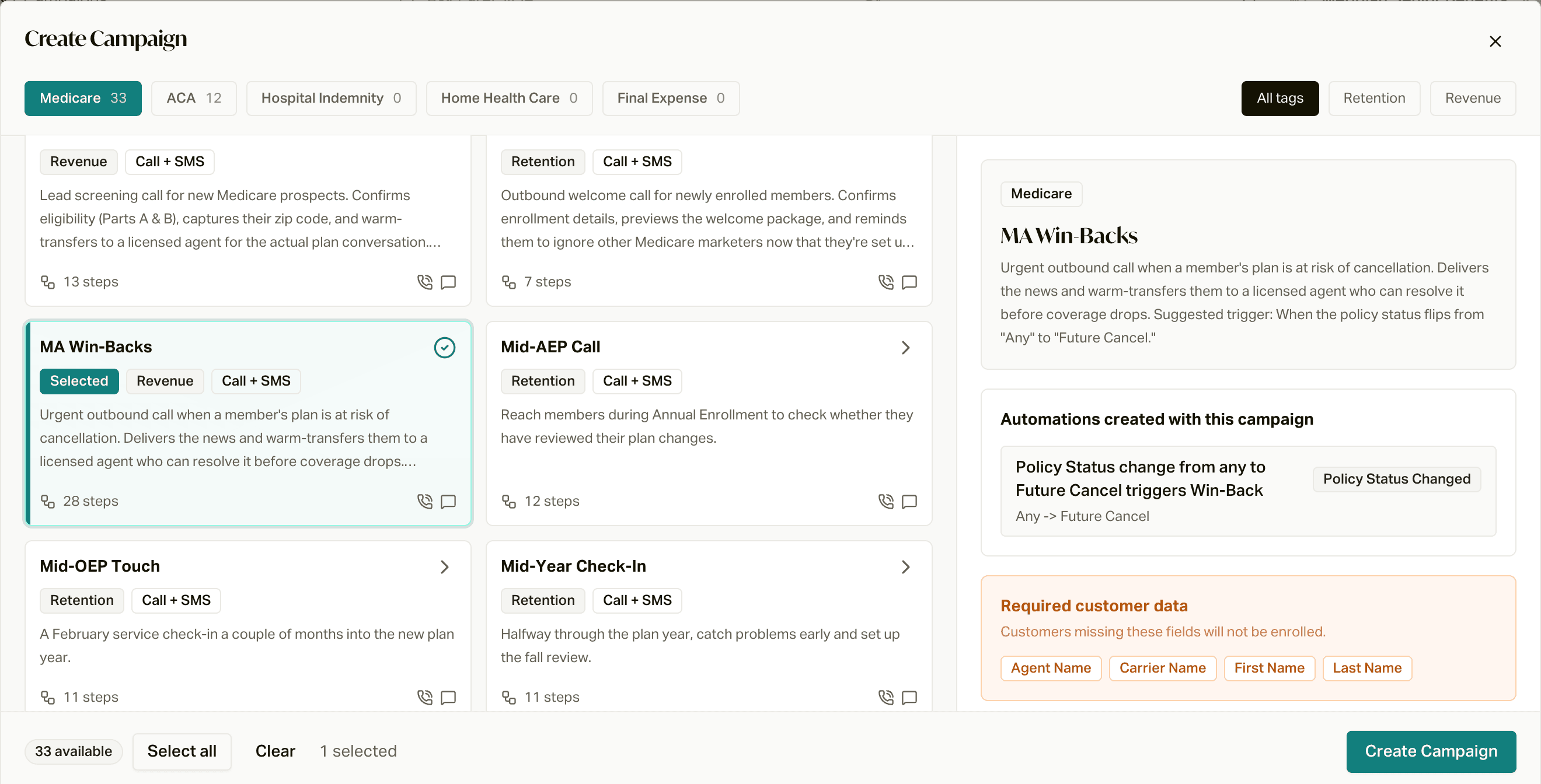 The template picker, where you pick a template and preview what it creates