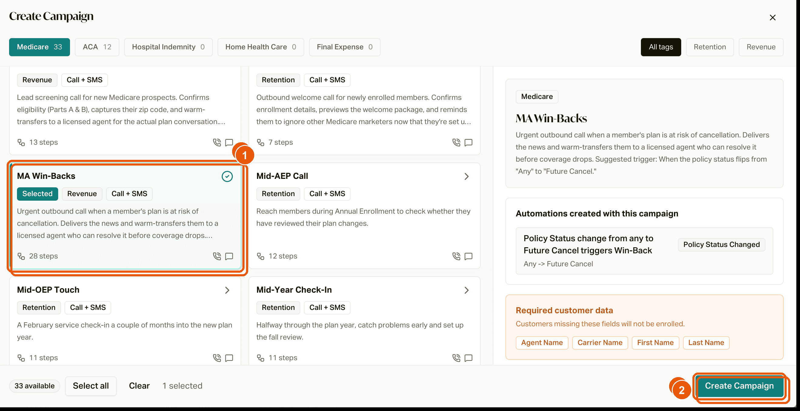 MA Win-Backs selected in the picker, with the Create Campaign button at the bottom right