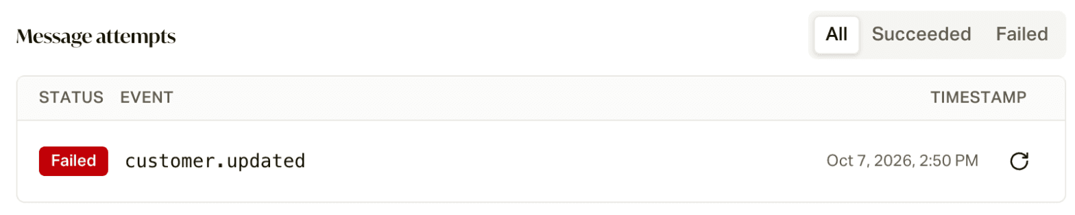 An endpoint's message attempts, with a failed customer.updated and the resend button