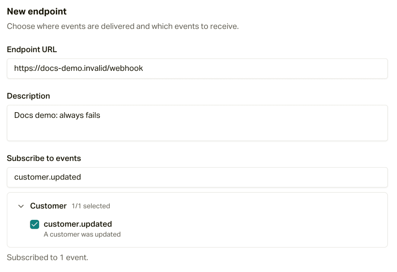 The New endpoint form, subscribed to customer.updated