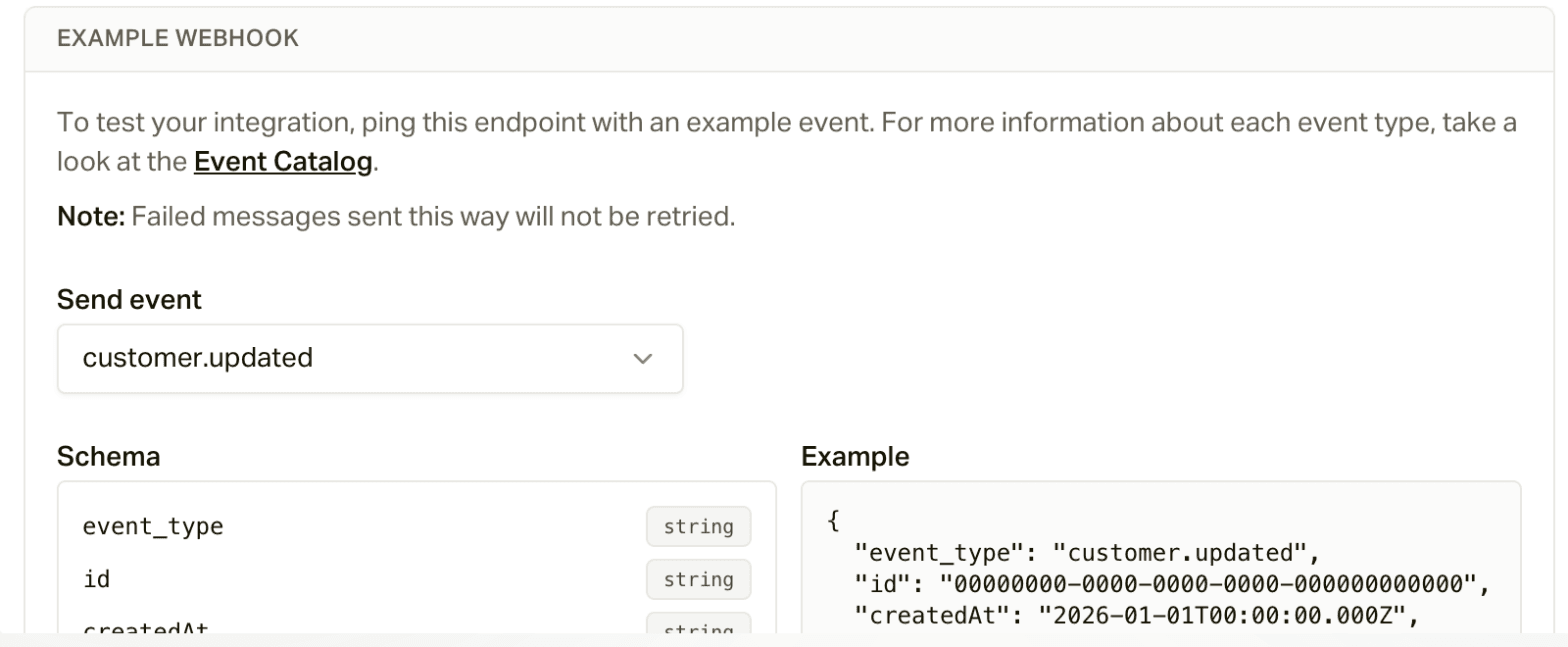 The Testing tab: pick an event, see its schema and example, and send it
