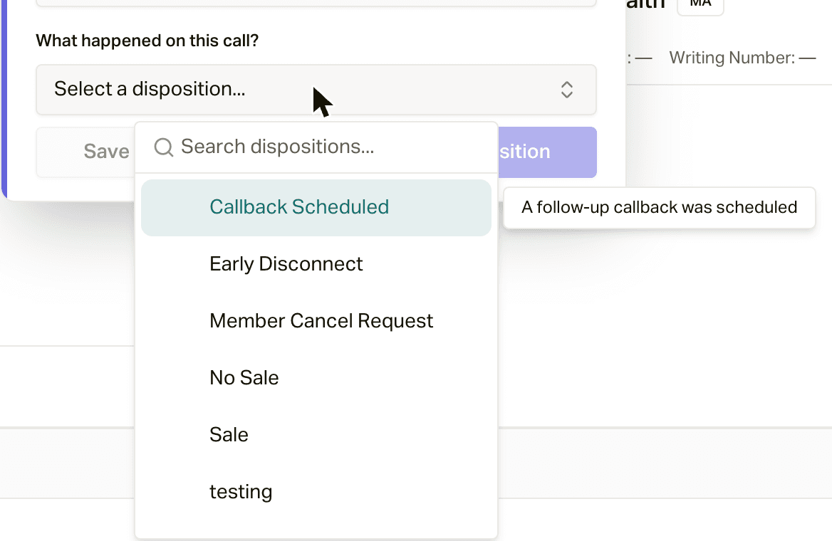 The disposition picker, with the description of Callback Scheduled on hover